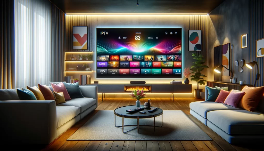 DALL·E 2024 01 05 18.09.34 A living room setting showcasing the modern technology of Internet Protocol Television IPTV. In the center a large sleek smart TV displaying a col 1024x585 1